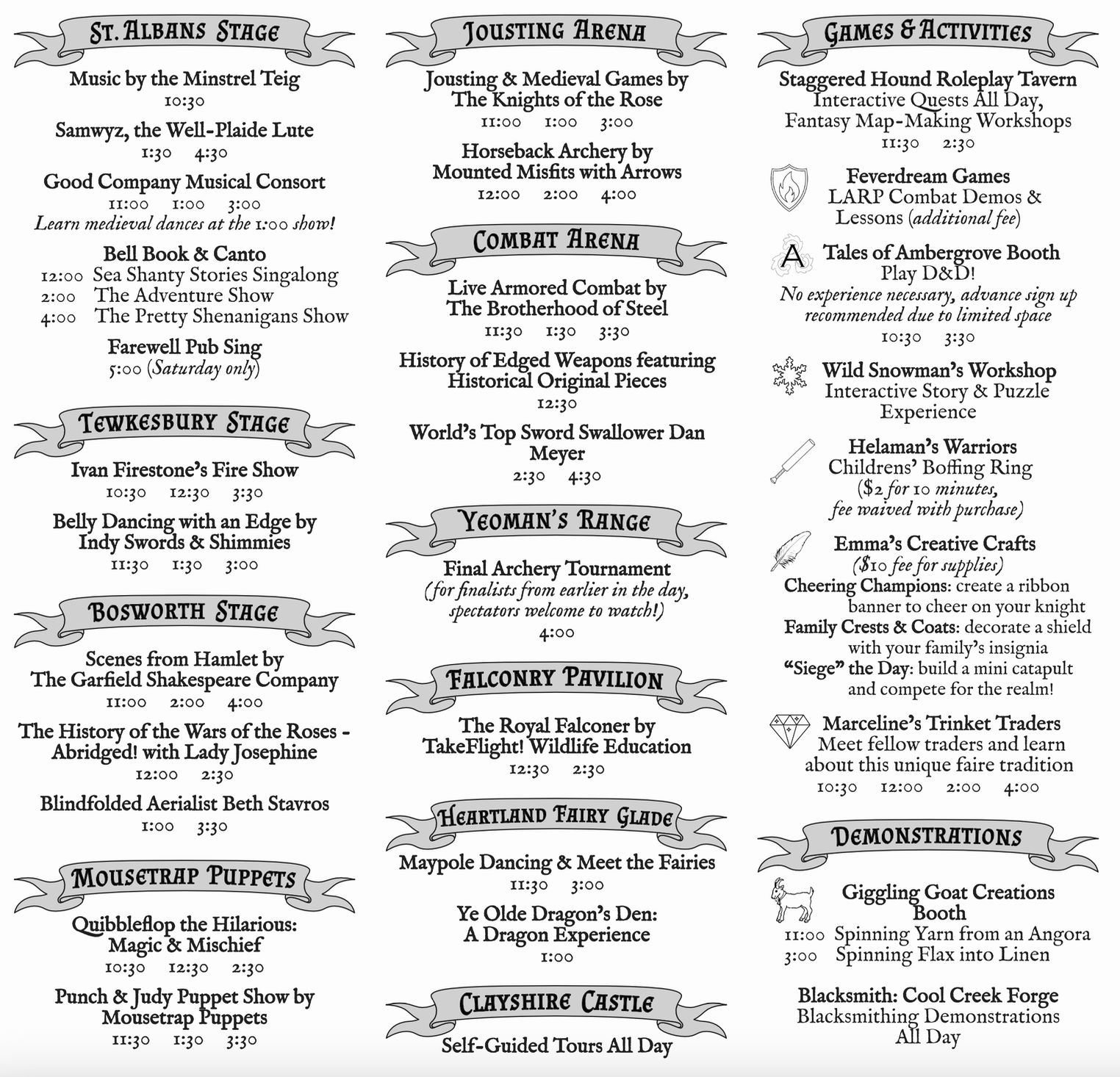 List of scheduled shows in three columns